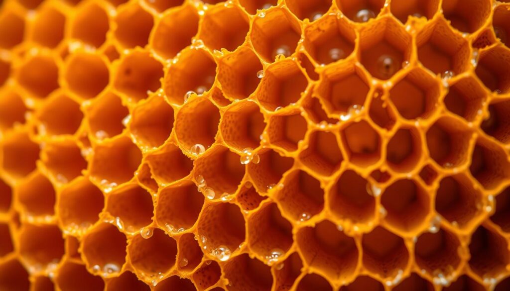A close-up of a honeycomb structure, with individual hexagonal cells filled with a rich, golden liquid. The texture is intricate and detailed, showcasing the complex architecture of the beehive. Soft, warm lighting illuminates the scene, creating a sense of depth and highlighting the natural beauty of the propolis. The background is slightly blurred, drawing the viewer's focus to the central honeycomb structure, which takes up the majority of the frame. The image conveys a sense of artisanal craftsmanship and the natural medicinal properties of propolis, alluding to its potential use in treating irritable bowel syndrome.