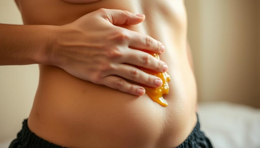 A close-up of a person's hand gently applying a natural, golden-colored propolis or bee glue substance onto their abdomen. The background is soft and blurred, creating a serene, therapeutic atmosphere. The lighting is warm and inviting, highlighting the texture and richness of the propolis. The angle captures the application process in an informative yet visually pleasing manner, conveying the effectiveness and traditional use of this natural remedy for soothing digestive discomfort and irritable bowel syndrome.