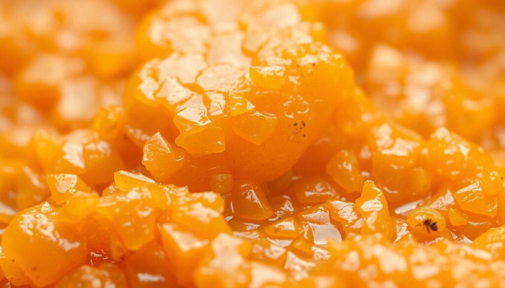 A close-up view of a raw, unprocessed sample of propolis, a natural resin produced by honeybees. The propolis has a rich, golden-brown color with a slightly sticky, waxy texture. The surface is slightly irregular, with small cracks and textures that reveal its organic, handcrafted nature. The lighting is soft and diffused, highlighting the translucent quality of the material and creating warm, natural shadows. The background is blurred, keeping the focus on the intricate details and unique character of the propolis. The overall mood is one of natural, artisanal authenticity, reflecting the traditional methods used by bees to create this remarkable natural substance.