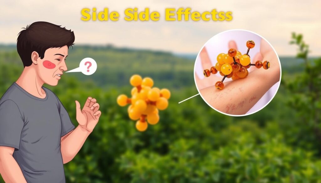 A detailed illustration depicting the potential side effects of using Propolis or Bee Glue. The foreground showcases a person experiencing digestive discomfort, facial redness, and a rash on their arms, symbolizing common adverse reactions. The middle ground features a magnified view of the Propolis compound, its molecular structure hinting at its potent natural properties. The background sets a serene, earthy tone with lush greenery and a calming sky, contrasting the undesirable side effects. Soft, diffused lighting casts a contemplative mood, inviting the viewer to consider the importance of responsible use and proper precautions when incorporating Propolis into one's health regimen.