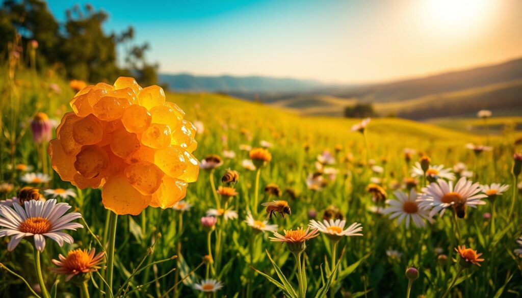 A lush green meadow with vibrant wildflowers, bathed in warm, golden sunlight. In the foreground, a cluster of propolis (bee glue) resin is prominently displayed, its rich, amber hue glistening as if freshly harvested. The midground features a swarm of busy bees, their fuzzy bodies darting between the flowers, symbolizing the natural process of its creation. In the background, a serene, rolling landscape with distant hills and a clear, azure sky, conveying a sense of tranquility and the harmony of nature. The lighting is soft and diffused, creating a picturesque, almost ethereal atmosphere that highlights the medicinal properties and holistic benefits of this natural wonder.