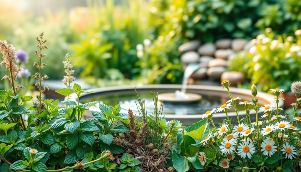 A serene botanical garden scene showcasing an array of natural remedies for improving gut health. In the foreground, a variety of medicinal herbs and plants such as peppermint, fennel, and chamomile are displayed in an artful arrangement. The middle ground features a soothing water feature, its calming sounds complementing the tranquil ambiance. In the background, lush greenery and a warm, diffused lighting evoke a sense of holistic well-being. The overall composition conveys a harmonious blend of nature's restorative powers to support a healthy digestive system.