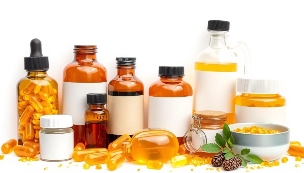Detailed illustration of various propolis forms used in the treatment of irritable bowel syndrome. Showcase an assortment of propolis supplements, including capsules, tinctures, and topical ointments, against a clean white background. Capture the natural, earthy tones and textures of the propolis products. Emphasize the diversity of administration methods to highlight the versatility of this natural remedy. Employ soft, diffused lighting to create a soothing, medicinal atmosphere. Frame the composition to balance the elements and provide a clear, unobstructed view of the different propolis preparations.